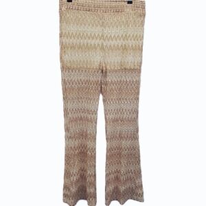 Womens L Cream Crochet Knit Wide Leg Pants Lined Stretch Boho Beachy Resort